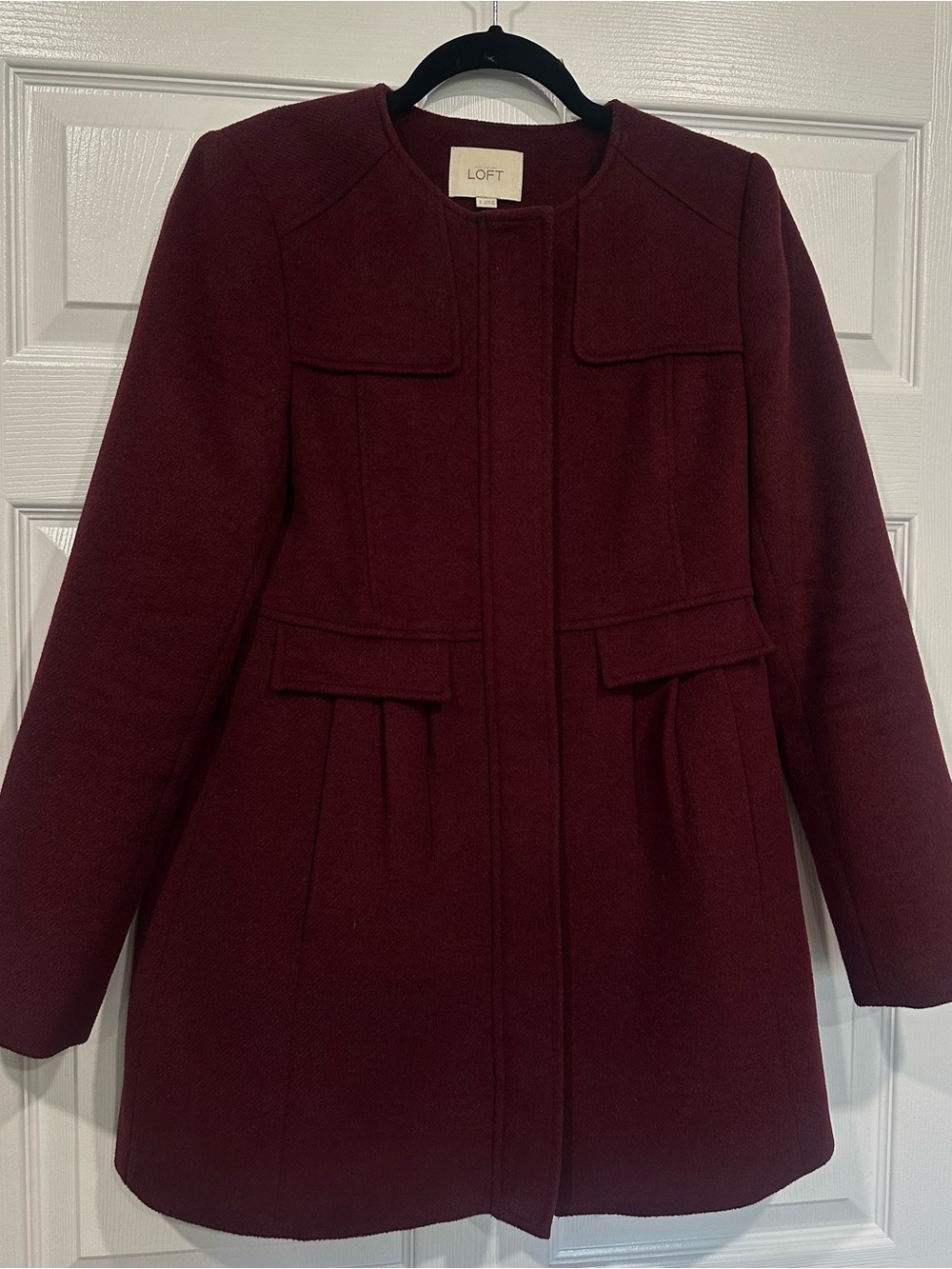 LOFT Women's Wine Red Collarless Wool-Blend Pea Coat